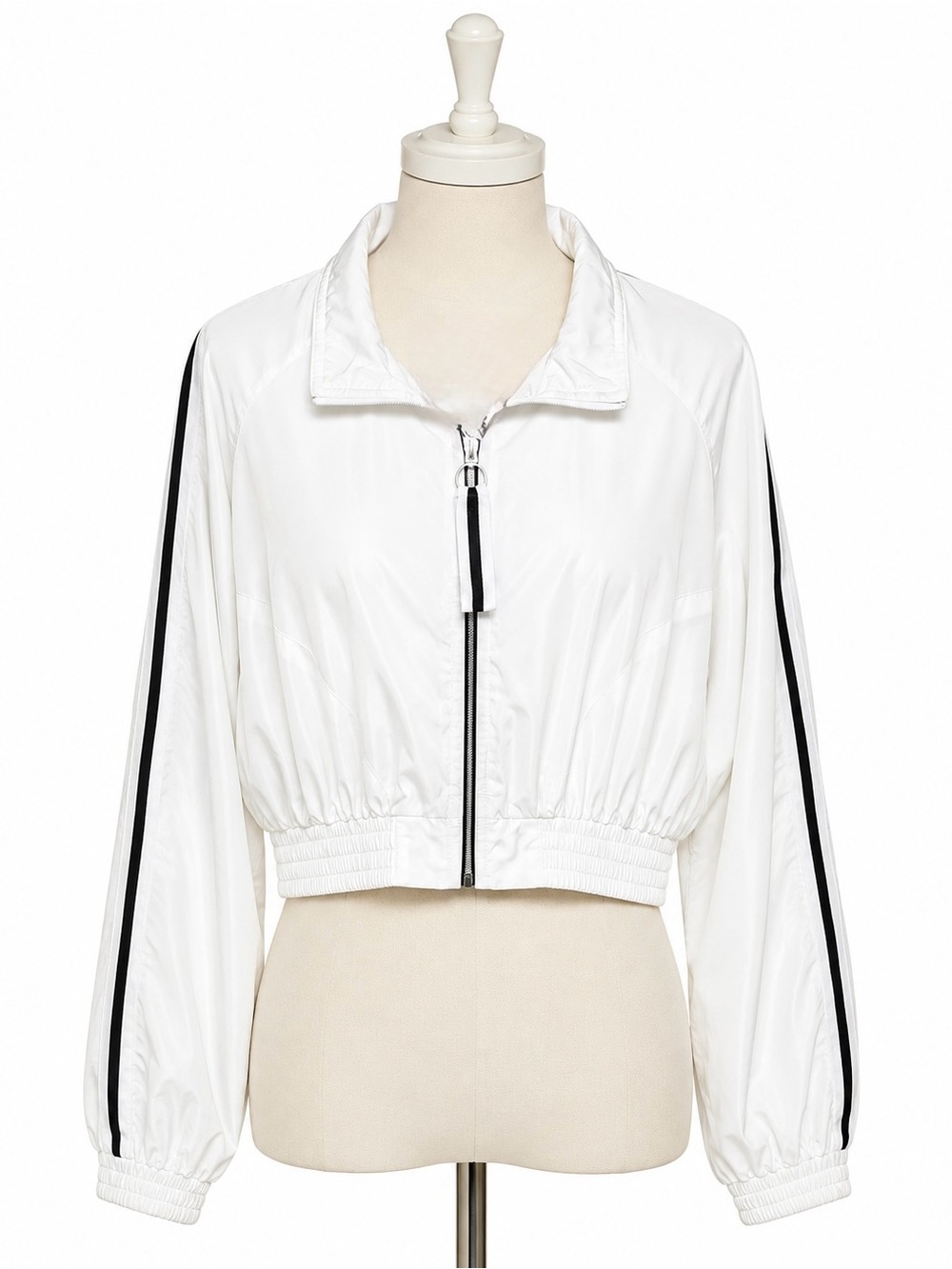Love Tree Small White Cropped Windbreaker Jacket Black Stripe Zip Up